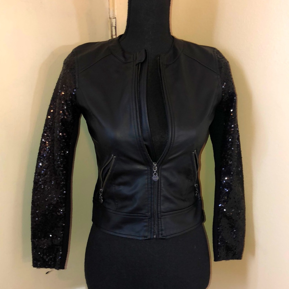 Black leather jacket w/ sequin sleeves